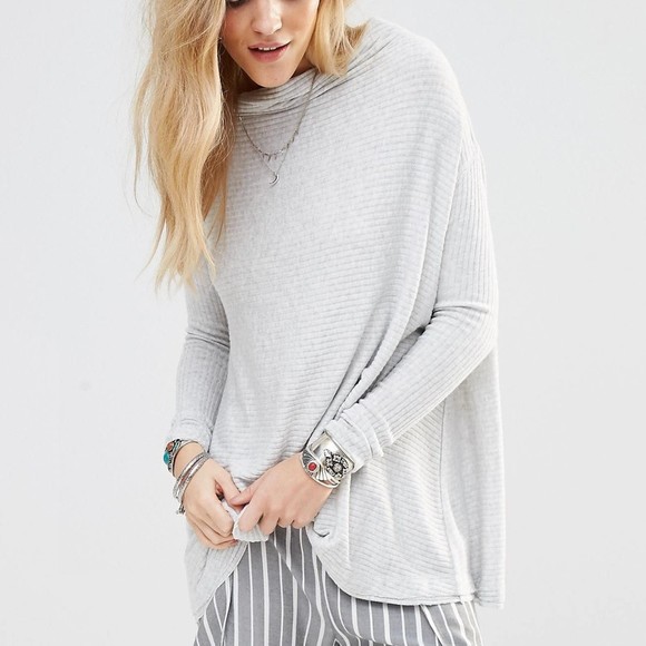 We the Free People Lover Rib Knit Split Back Pullover Gray Sweater Lightweight L - Picture 1 of 15